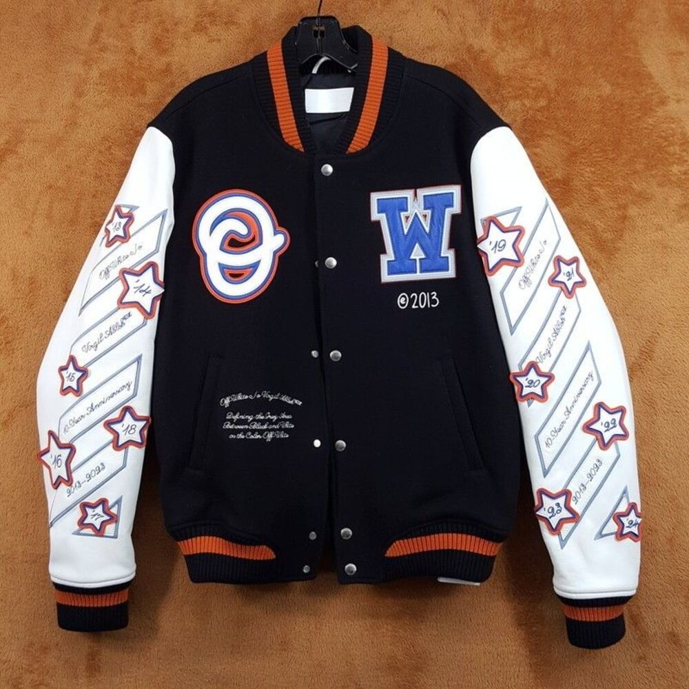 OFF-WHITE Varsity Jacket Mens Size 48 Black Wool Bomber Letterman Wizard $3750